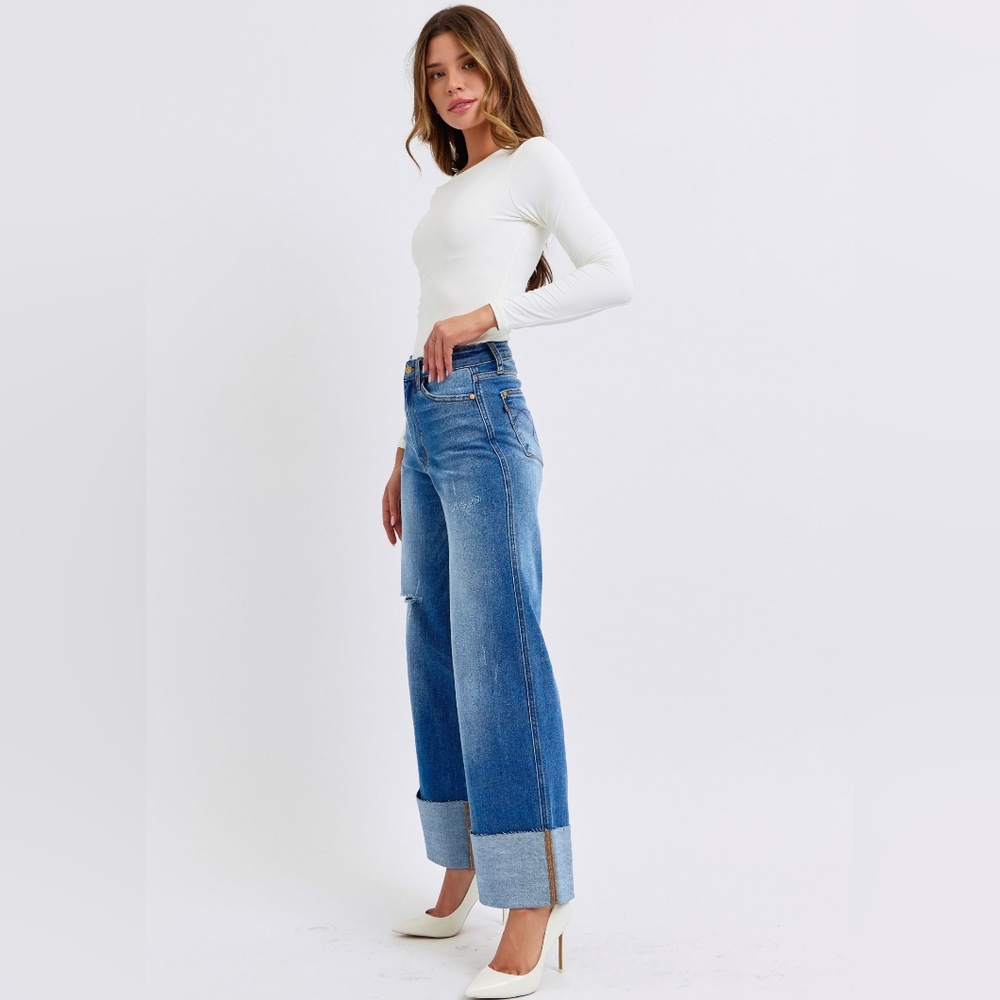 Judy Blue High-Rise Torn Boyfriend Jeans Ultra Wide Leg Cuff Raw Hem Denim Pants - Picture 4 of 16